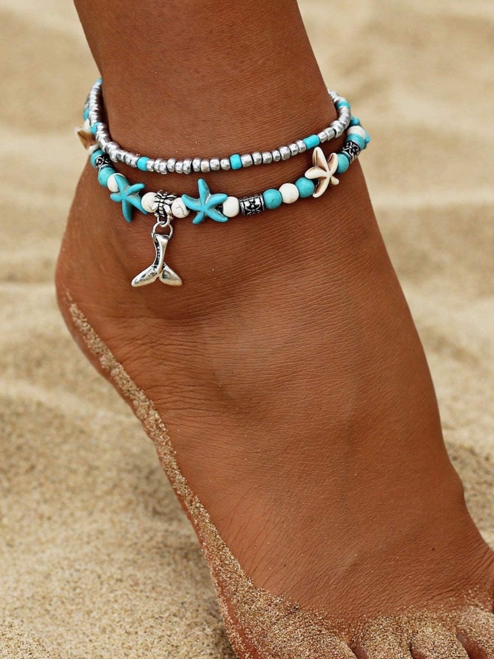 Anthropologie Turquoise and Silver Layered Anklet Set